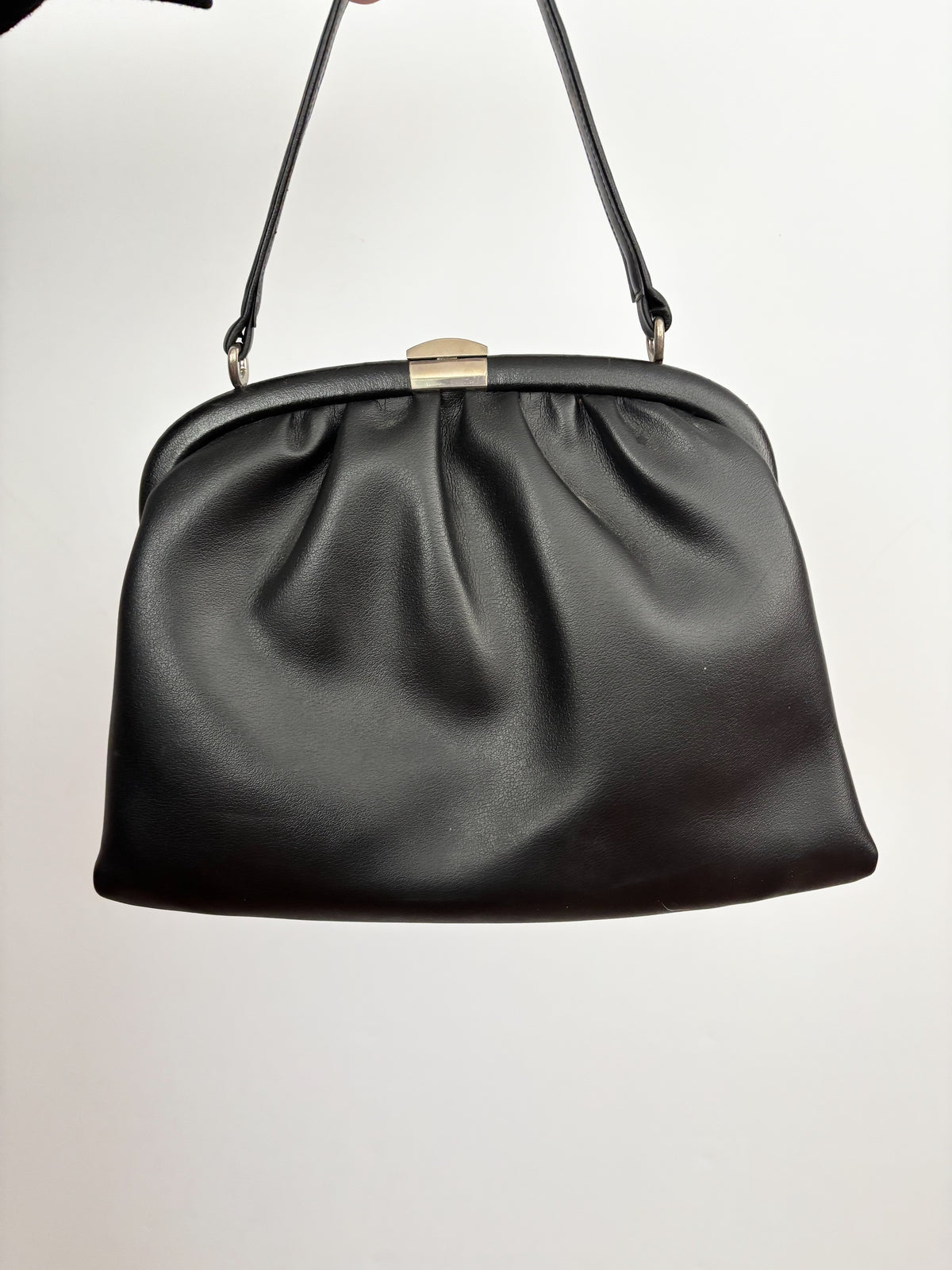 1960s Black Vinyl Handbag with Gathered Detail and Metal Frame