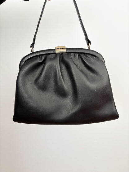 1960s Black Vinyl Handbag with Gathered Detail and Metal Frame