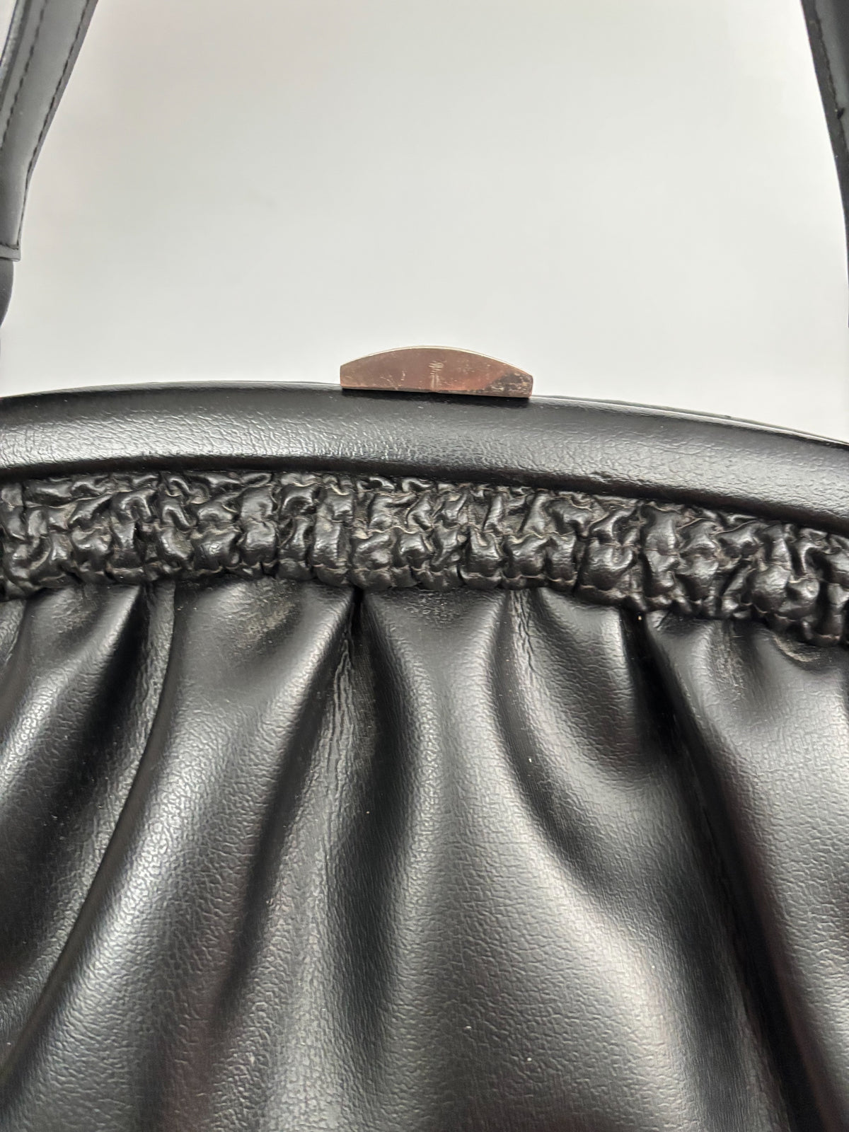 1960s Black Vinyl Handbag with Gathered Detail and Metal Frame