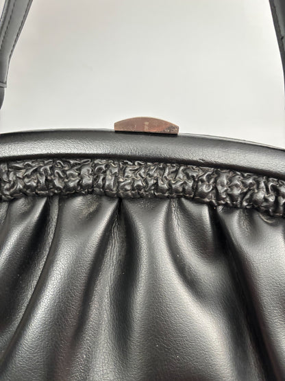 1960s Black Vinyl Handbag with Gathered Detail and Metal Frame