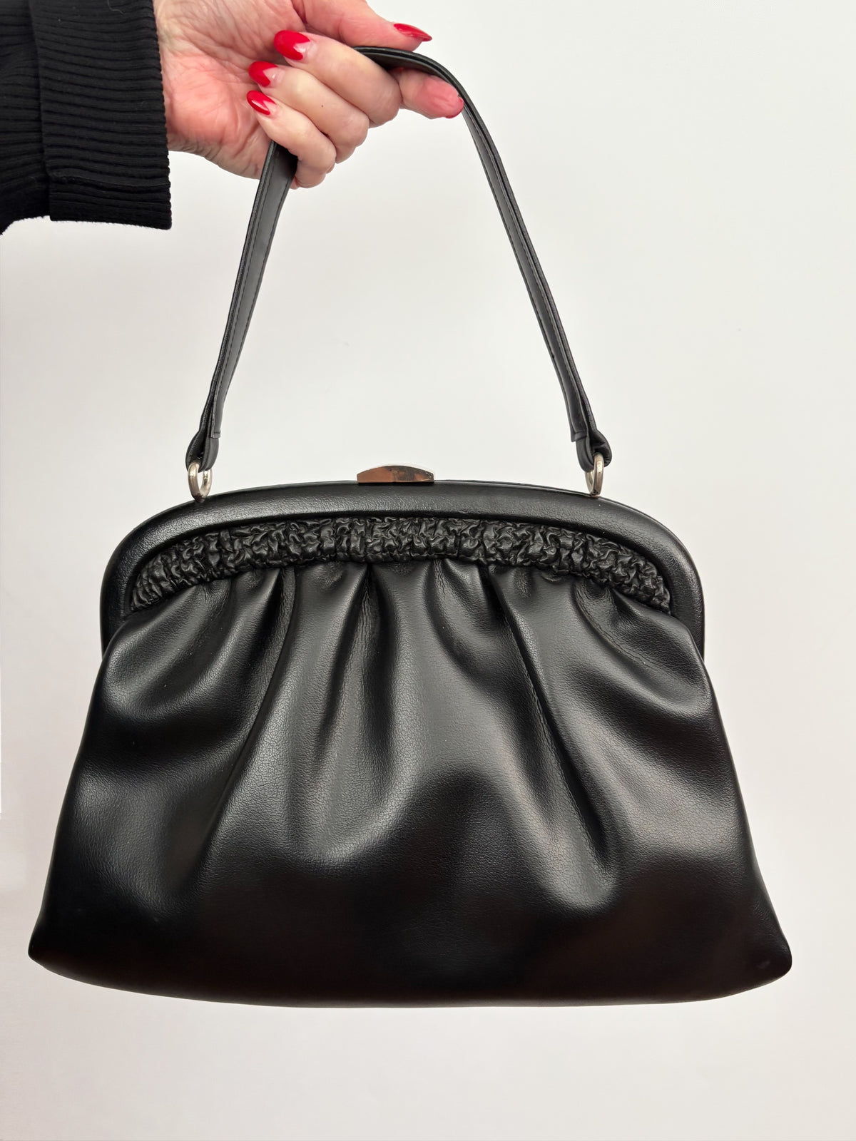 1960s Black Vinyl Handbag with Gathered Detail and Metal Frame