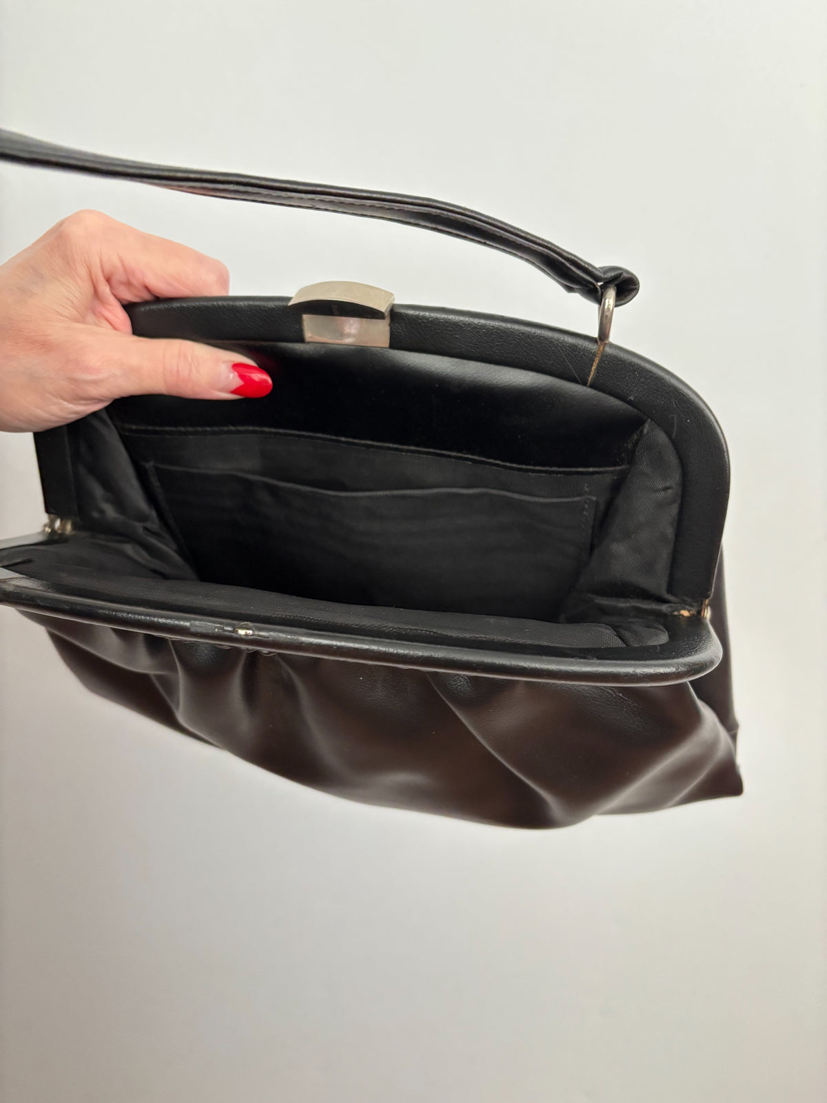 1960s Black Vinyl Handbag with Gathered Detail and Metal Frame