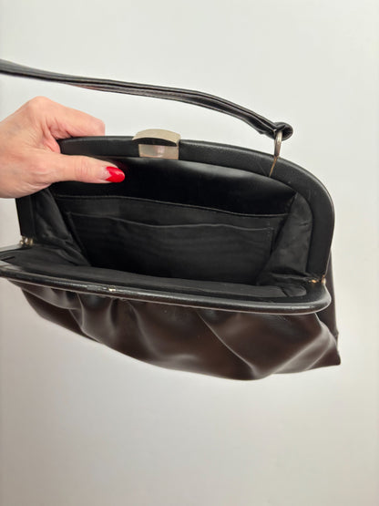 1960s Black Vinyl Handbag with Gathered Detail and Metal Frame
