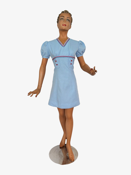 M | 1960s Mod Mini Dress Light Blue With Red And Navy Trim