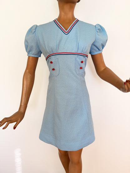 M | 1960s Mod Mini Dress Light Blue With Red And Navy Trim