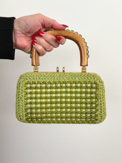 1950s 1960s Pistachio Green Beaded Crochet Box Bag