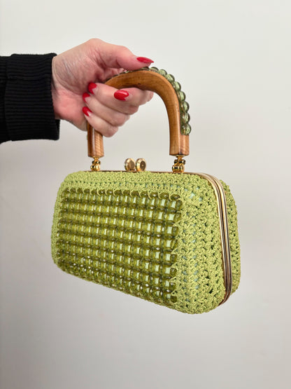 1950s 1960s Pistachio Green Beaded Crochet Box Bag