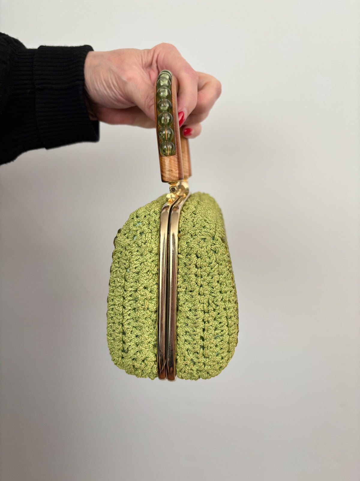 1950s 1960s Pistachio Green Beaded Crochet Box Bag