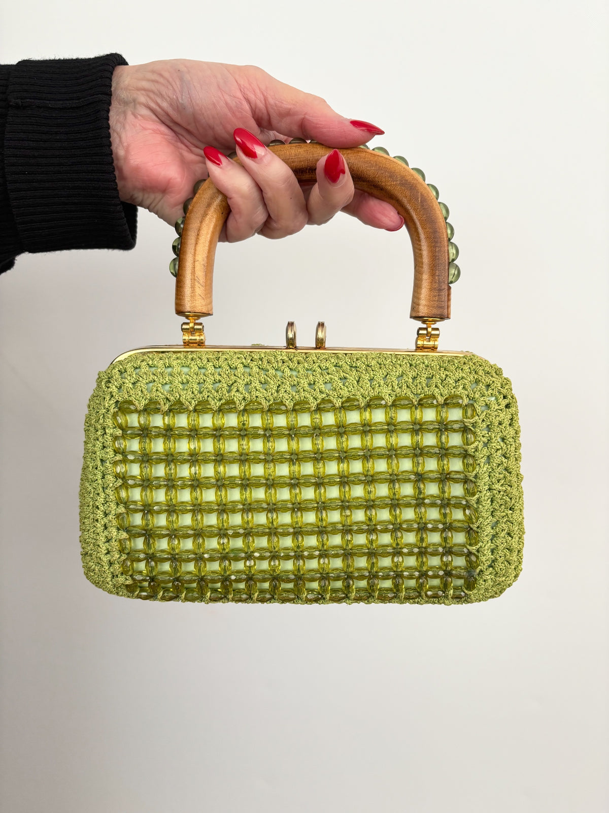 1950s 1960s Pistachio Green Beaded Crochet Box Bag