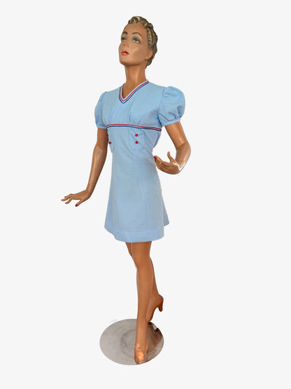 M | 1960s Mod Mini Dress Light Blue With Red And Navy Trim