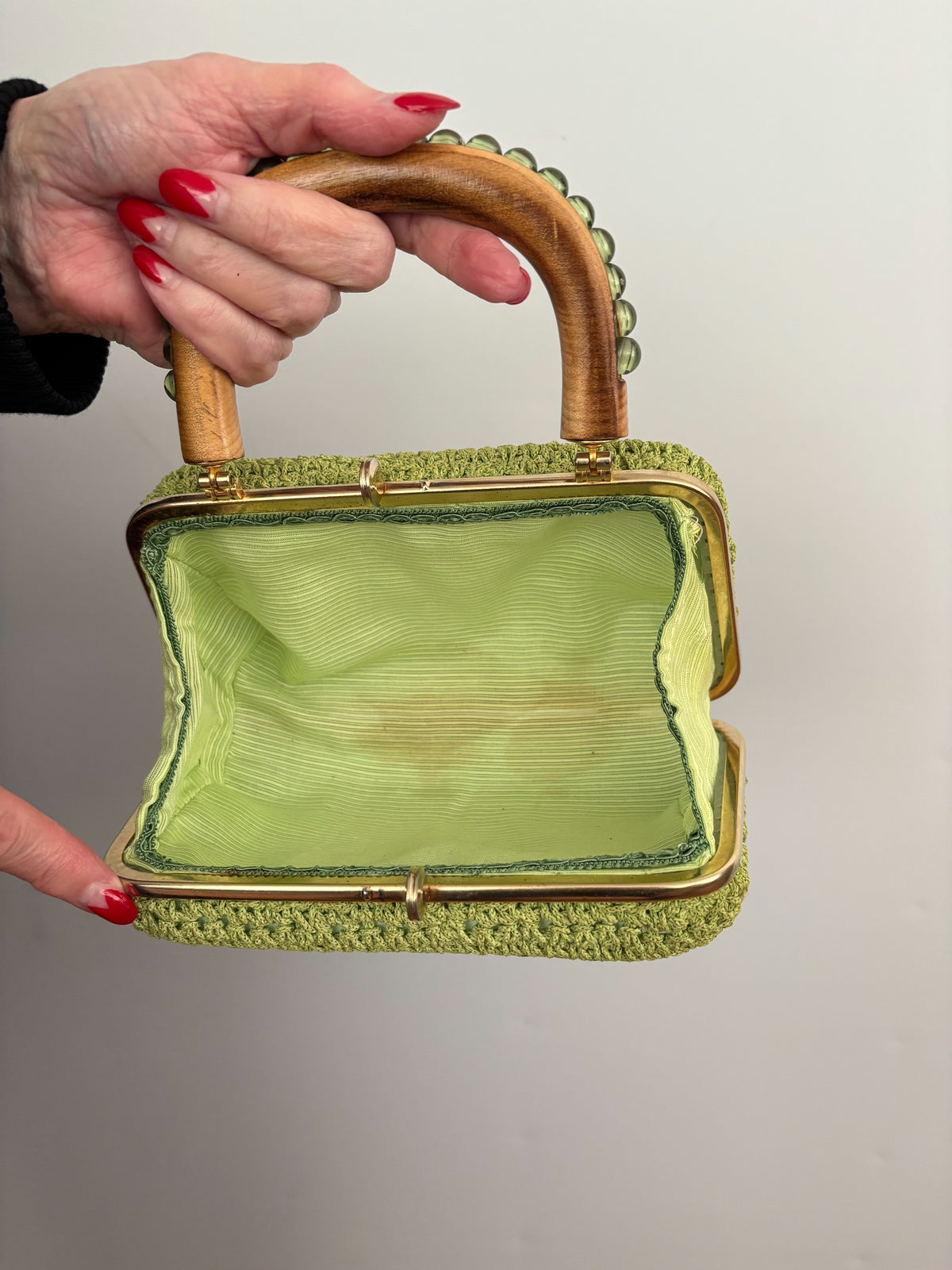 1950s 1960s Pistachio Green Beaded Crochet Box Bag