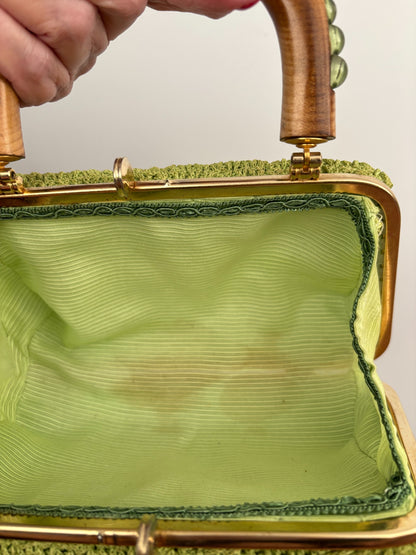 1950s 1960s Pistachio Green Beaded Crochet Box Bag