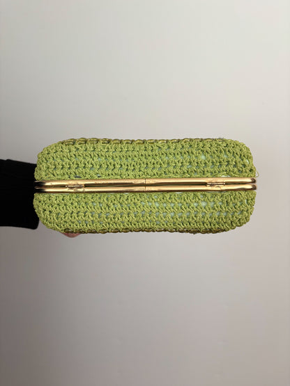 1950s 1960s Pistachio Green Beaded Crochet Box Bag