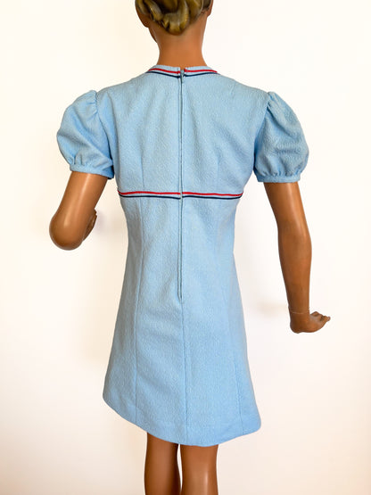 M | 1960s Mod Mini Dress Light Blue With Red And Navy Trim