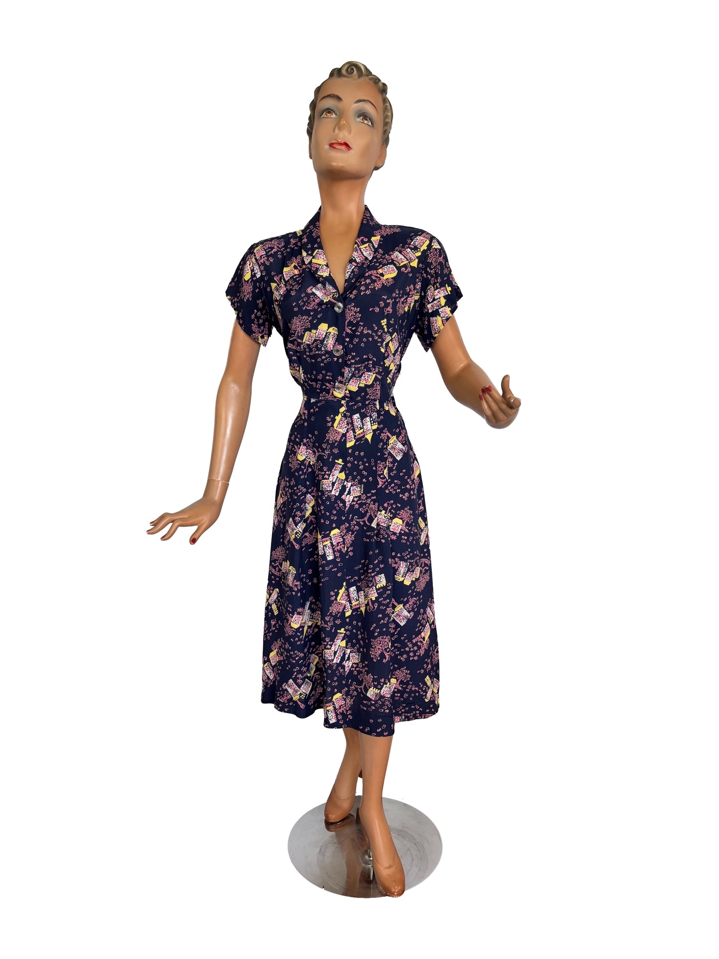 S | 1940s Style Novelty Print Rayon Dress
