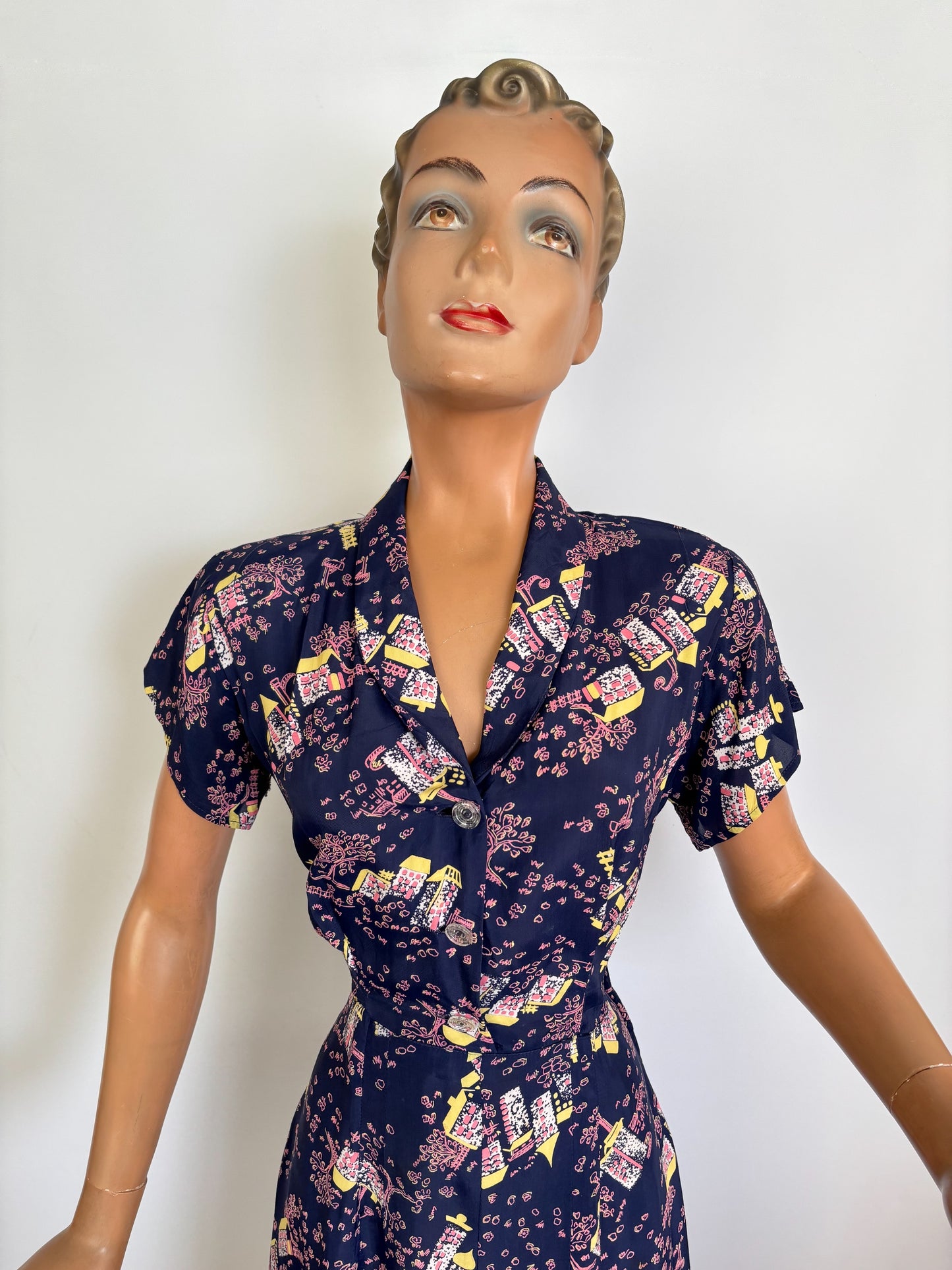 S | 1940s Style Novelty Print Rayon Dress