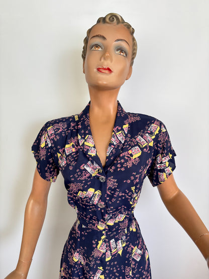 S | 1940s Style Novelty Print Rayon Dress