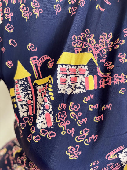 S | 1940s Style Novelty Print Rayon Dress