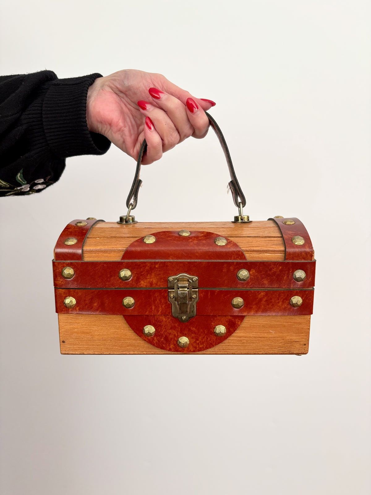 1960s Mr. R Wooden Treasure Chest Box Bag with Metal Studs