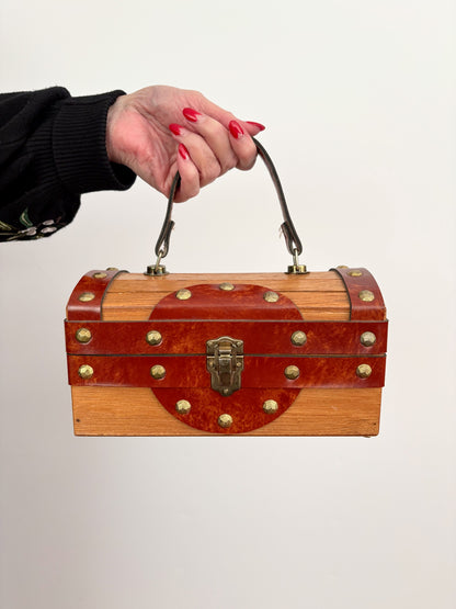 1960s Mr. R Wooden Treasure Chest Box Bag with Metal Studs