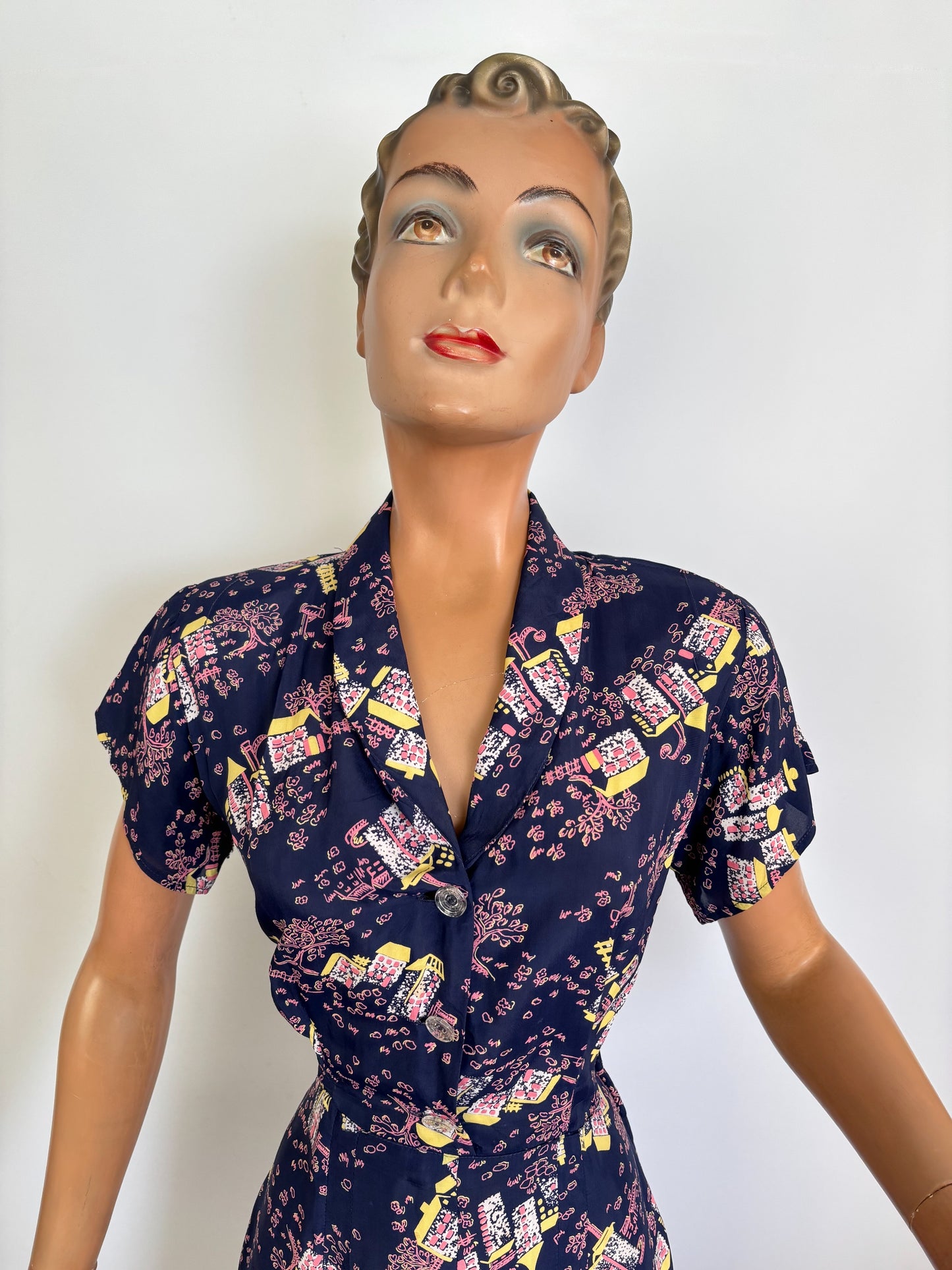 S | 1940s Style Novelty Print Rayon Dress