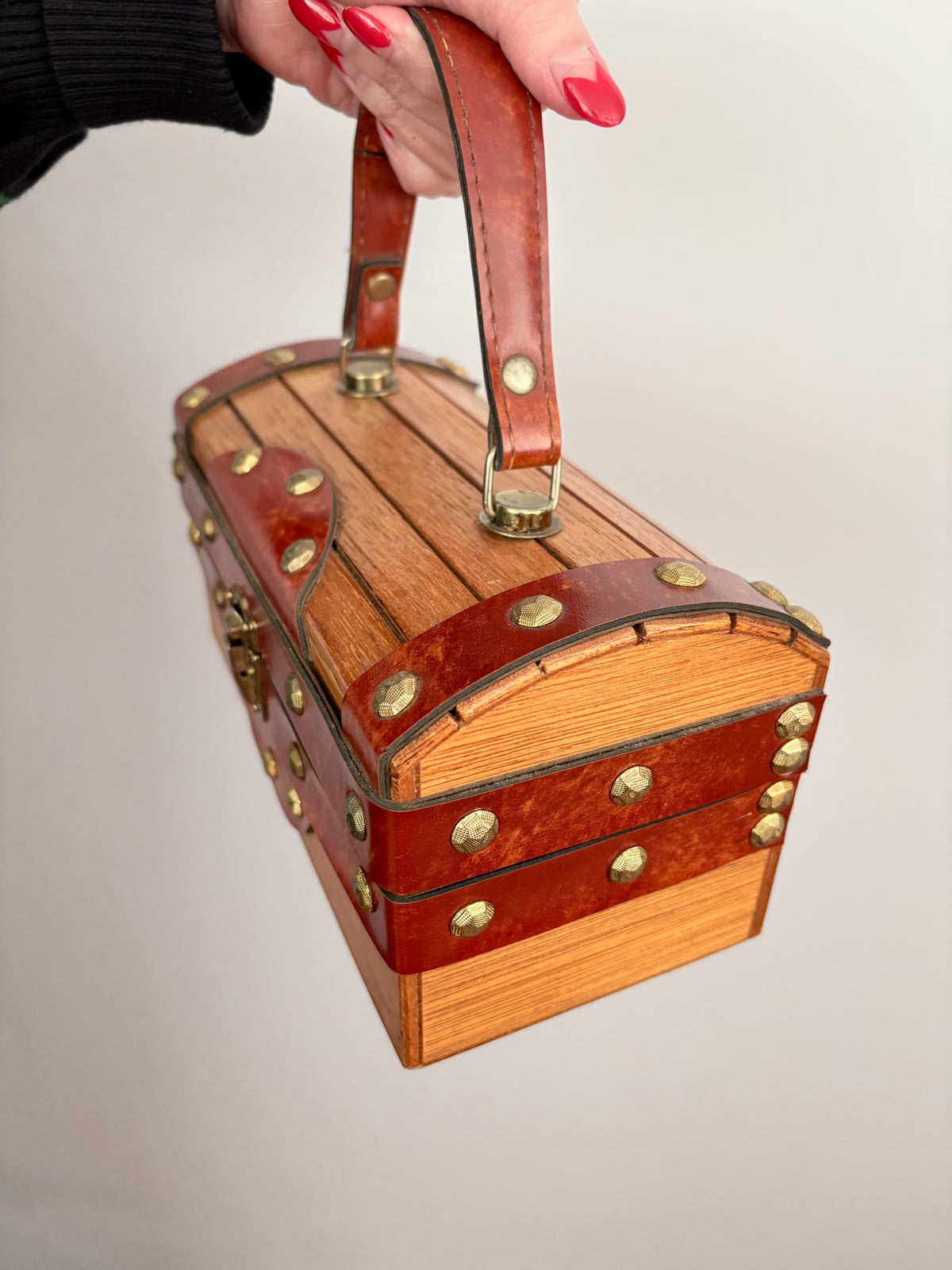 1960s Mr. R Wooden Treasure Chest Box Bag with Metal Studs