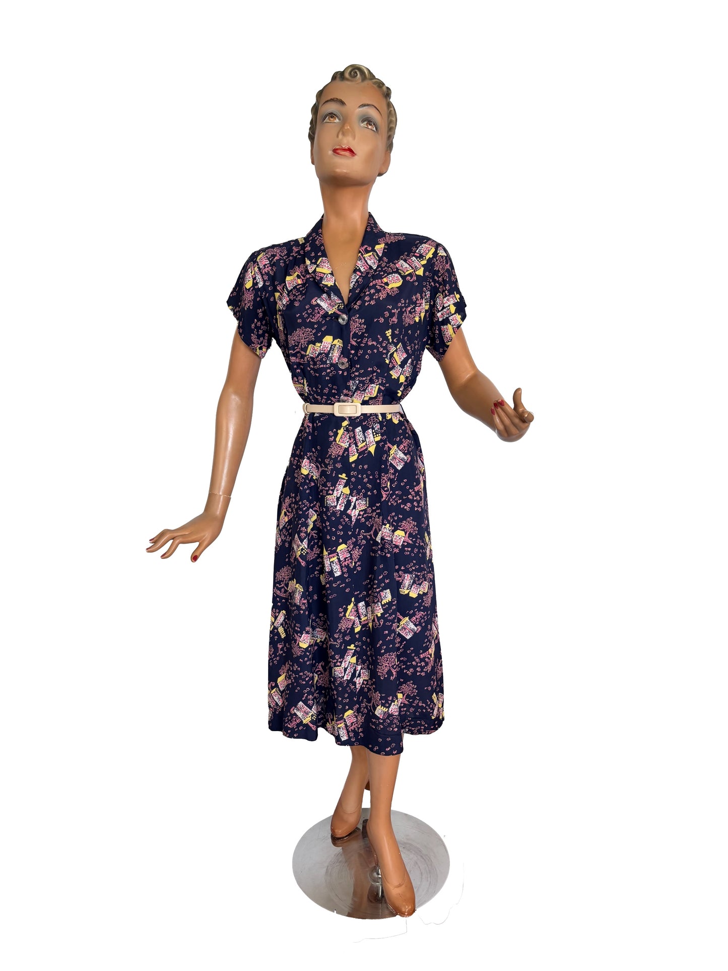 S | 1940s Style Novelty Print Rayon Dress