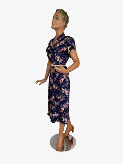 S | 1940s Style Novelty Print Rayon Dress