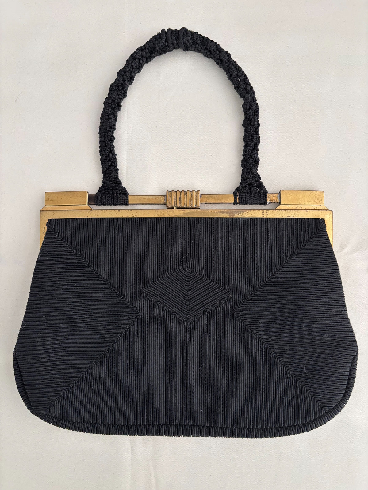 1940s Art Deco Black Cordé Handbag w. Brass-Tone Frame