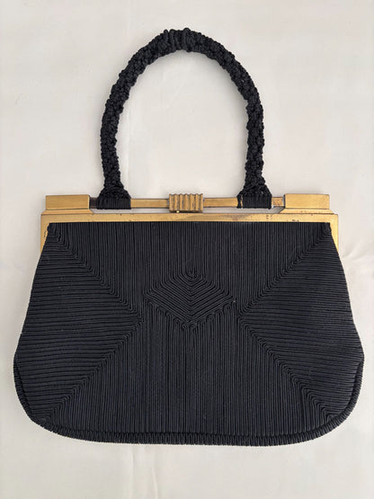 1940s Art Deco Black Cordé Handbag w. Brass-Tone Frame