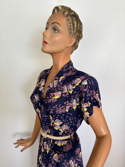 S | 1940s Style Novelty Print Rayon Dress