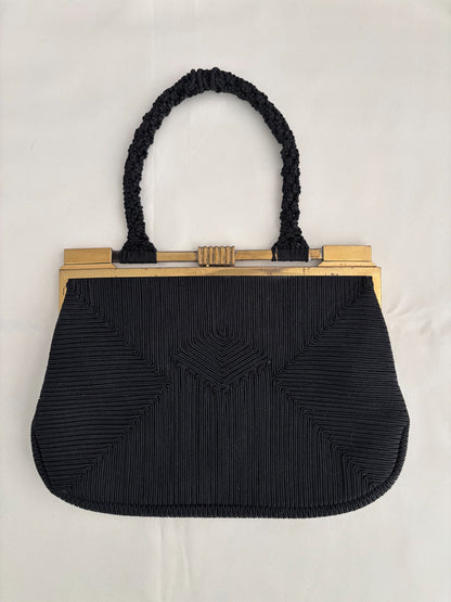 1940s Art Deco Black Cordé Handbag w. Brass-Tone Frame