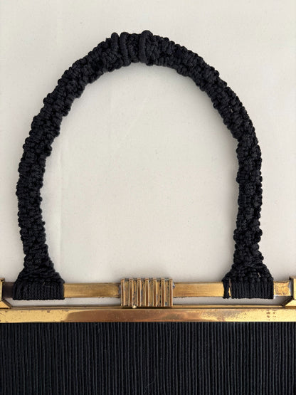 1940s Art Deco Black Cordé Handbag w. Brass-Tone Frame