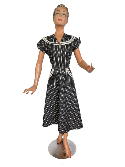 S | 1950s Top Mode Frocks Polka Dot Cotton Dress Zip Front