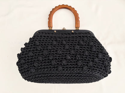 1960s Black Popcorn Crochet Handbag with Carved Wooden Handle
