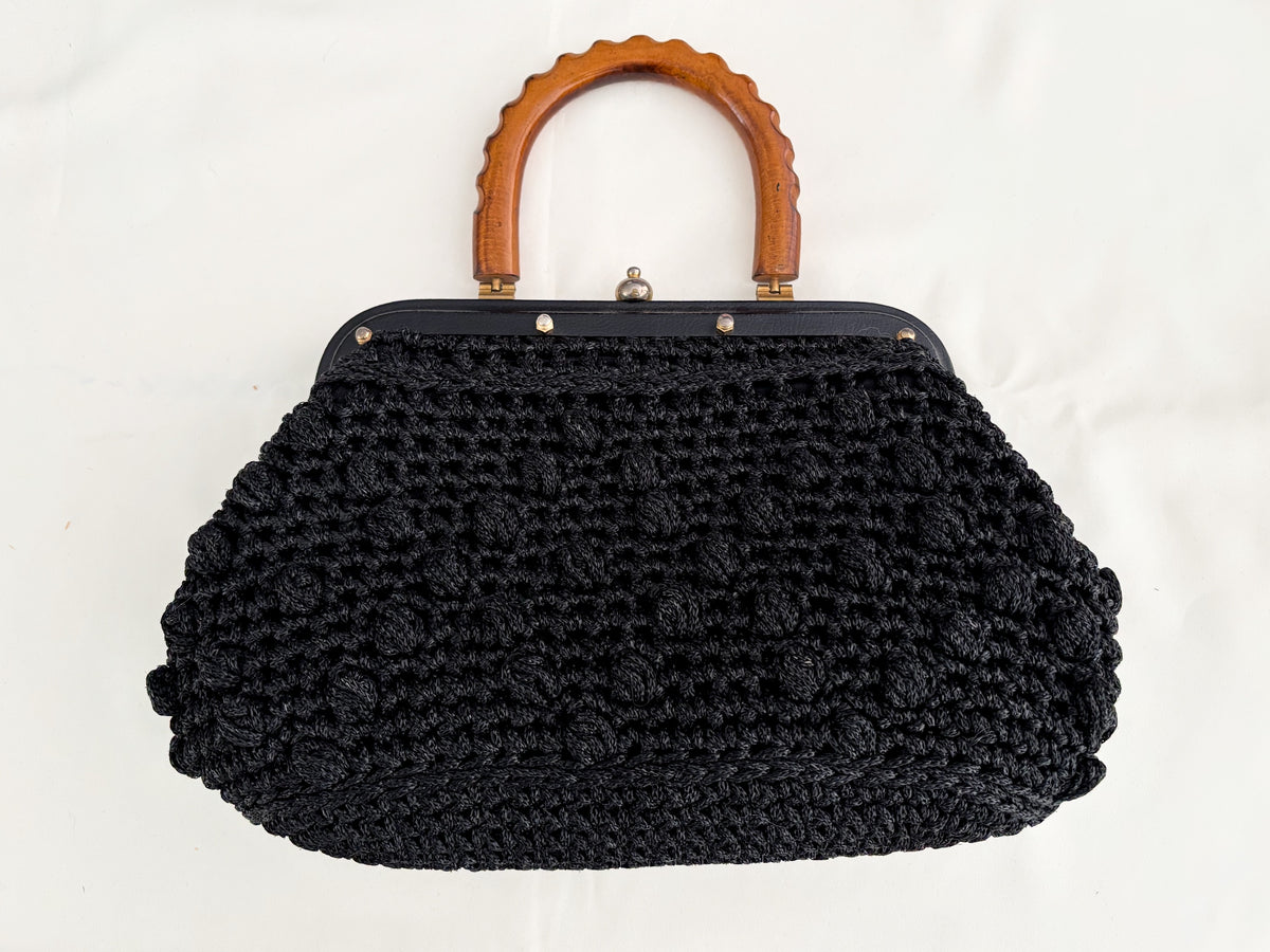 1960s Black Popcorn Crochet Handbag with Carved Wooden Handle