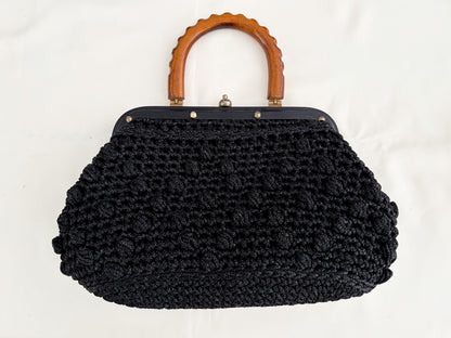 1960s Black Popcorn Crochet Handbag with Carved Wooden Handle