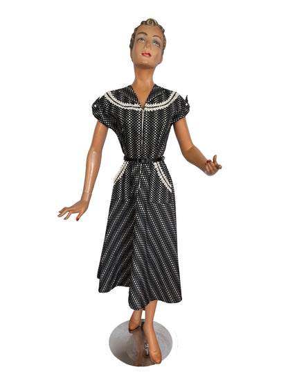 S | 1950s Top Mode Frocks Polka Dot Cotton Dress Zip Front