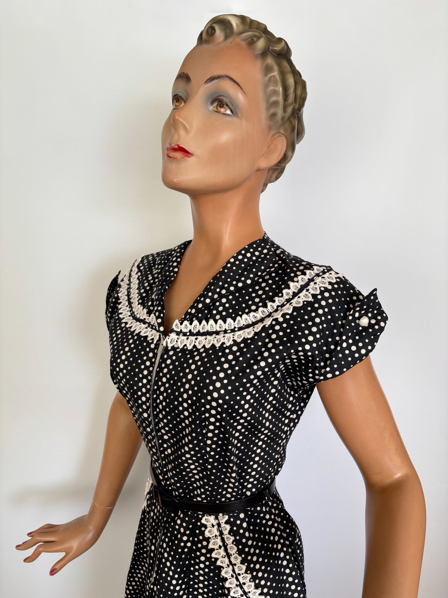 S | 1950s Top Mode Frocks Polka Dot Cotton Dress Zip Front