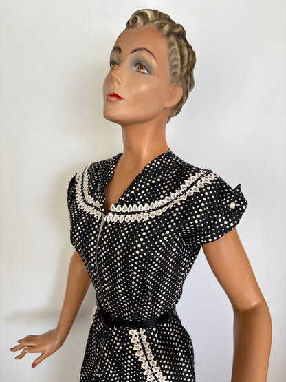 S | 1950s Top Mode Frocks Polka Dot Cotton Dress Zip Front