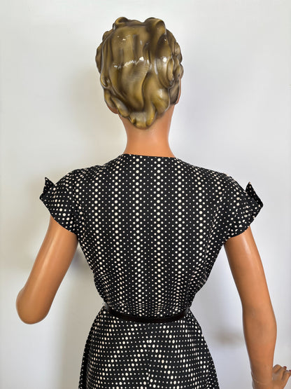 S | 1950s Top Mode Frocks Polka Dot Cotton Dress Zip Front