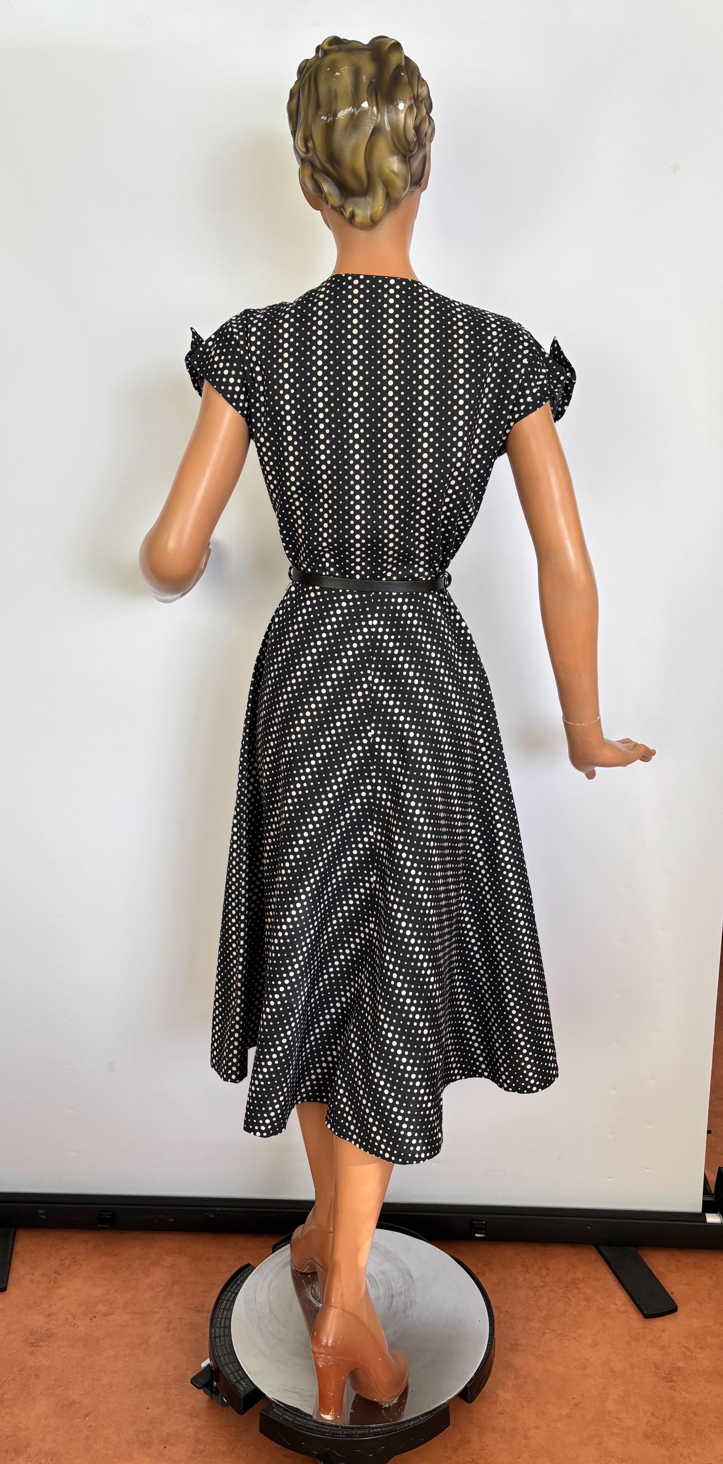 S | 1950s Top Mode Frocks Polka Dot Cotton Dress Zip Front