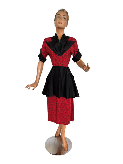 XS | 1940s Style Novelty Print Peplum Dress