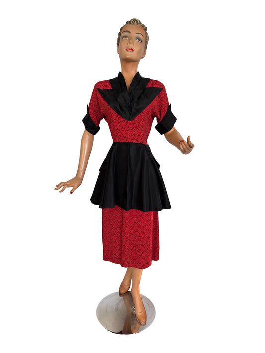 XS | 1940s Style Novelty Print Peplum Dress