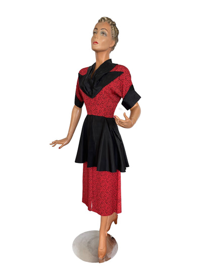 XS | 1940s Style Novelty Print Peplum Dress