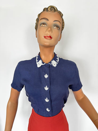 1940s/50s Linen Beaded Blouse | XS/S