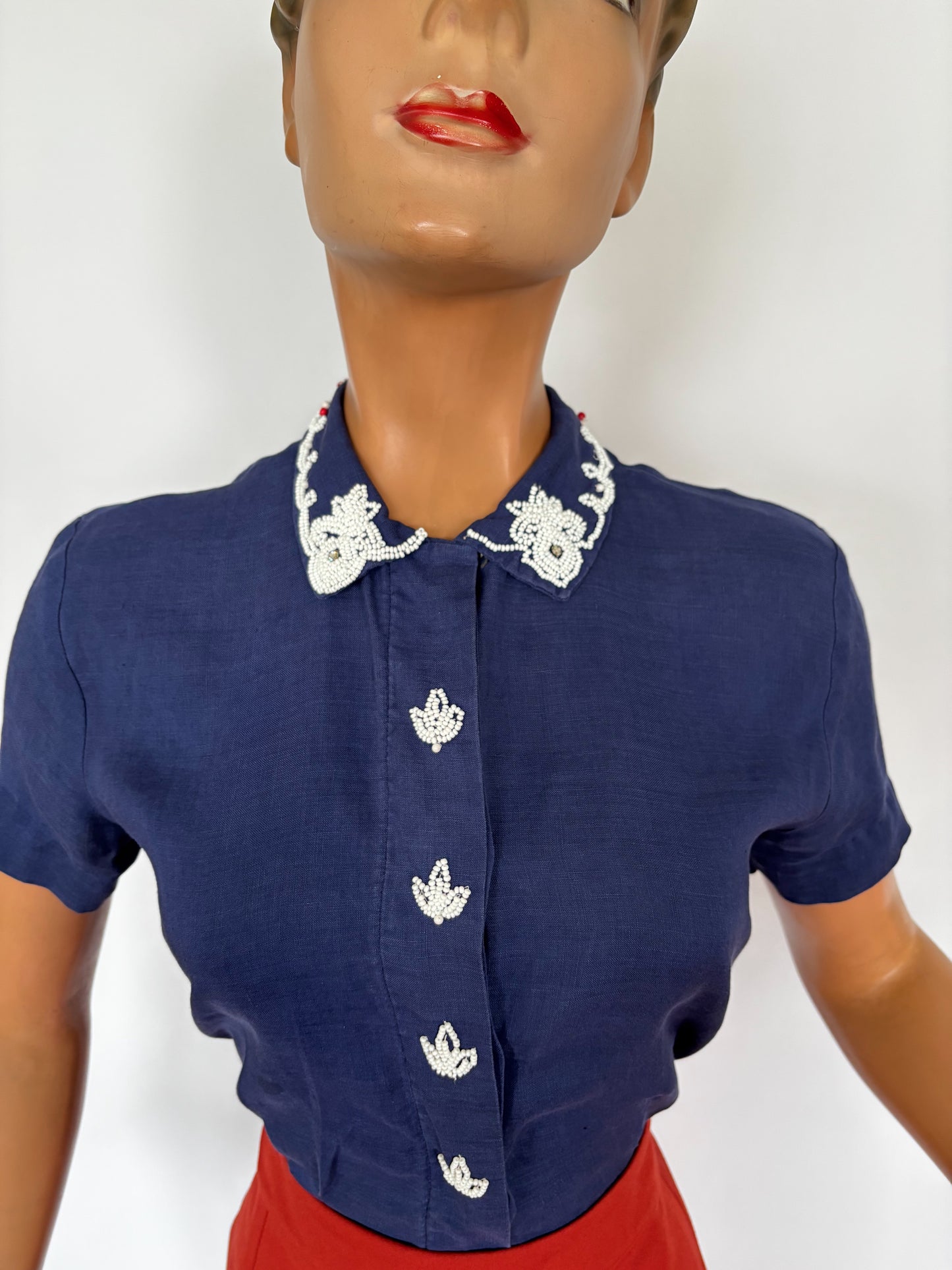 1940s/50s Linen Beaded Blouse | XS/S