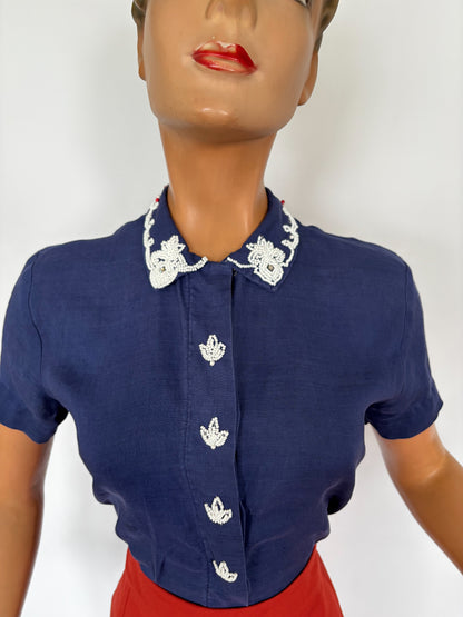 1940s/50s Linen Beaded Blouse | XS/S