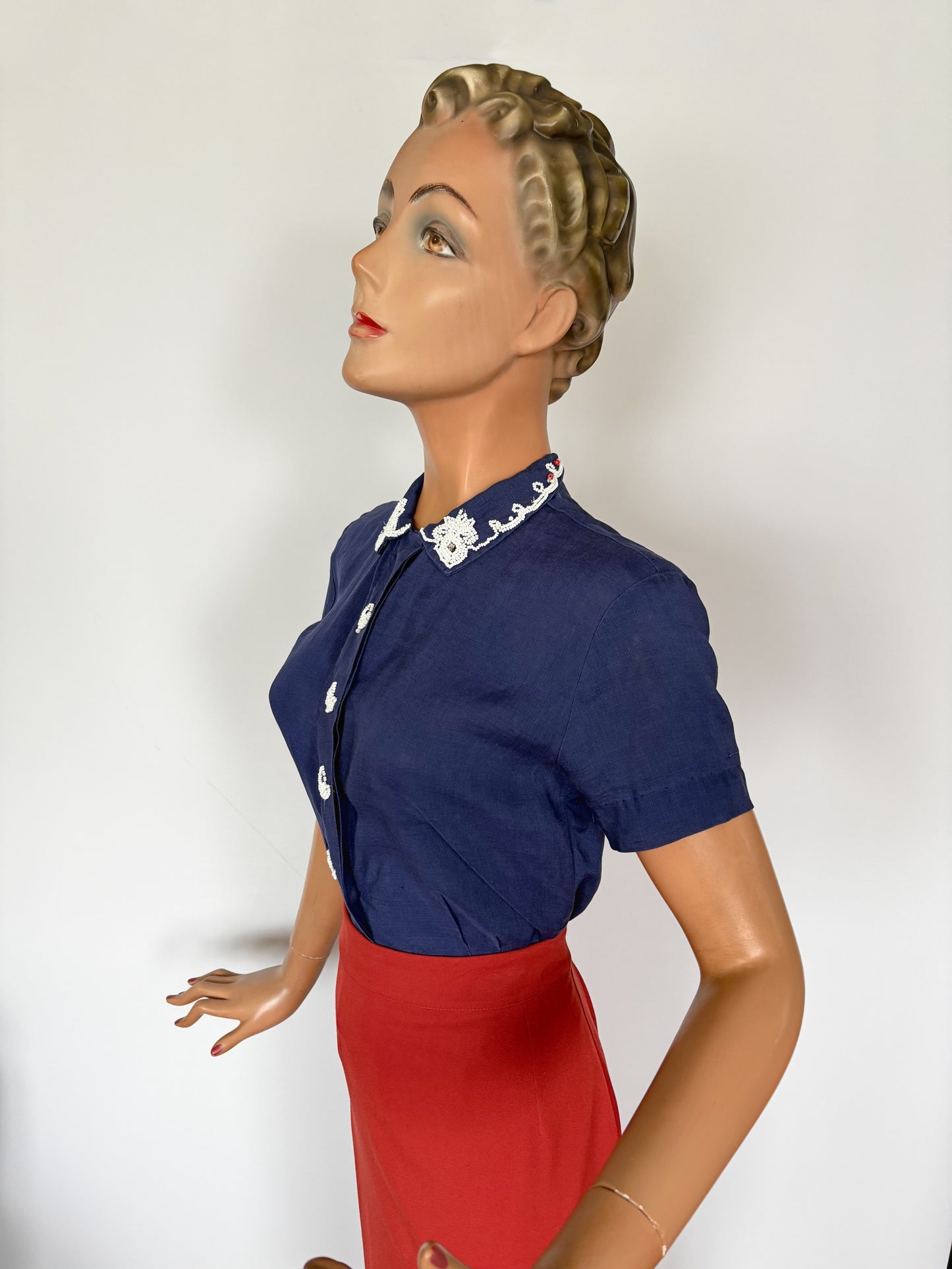1940s/50s Linen Beaded Blouse | XS/S