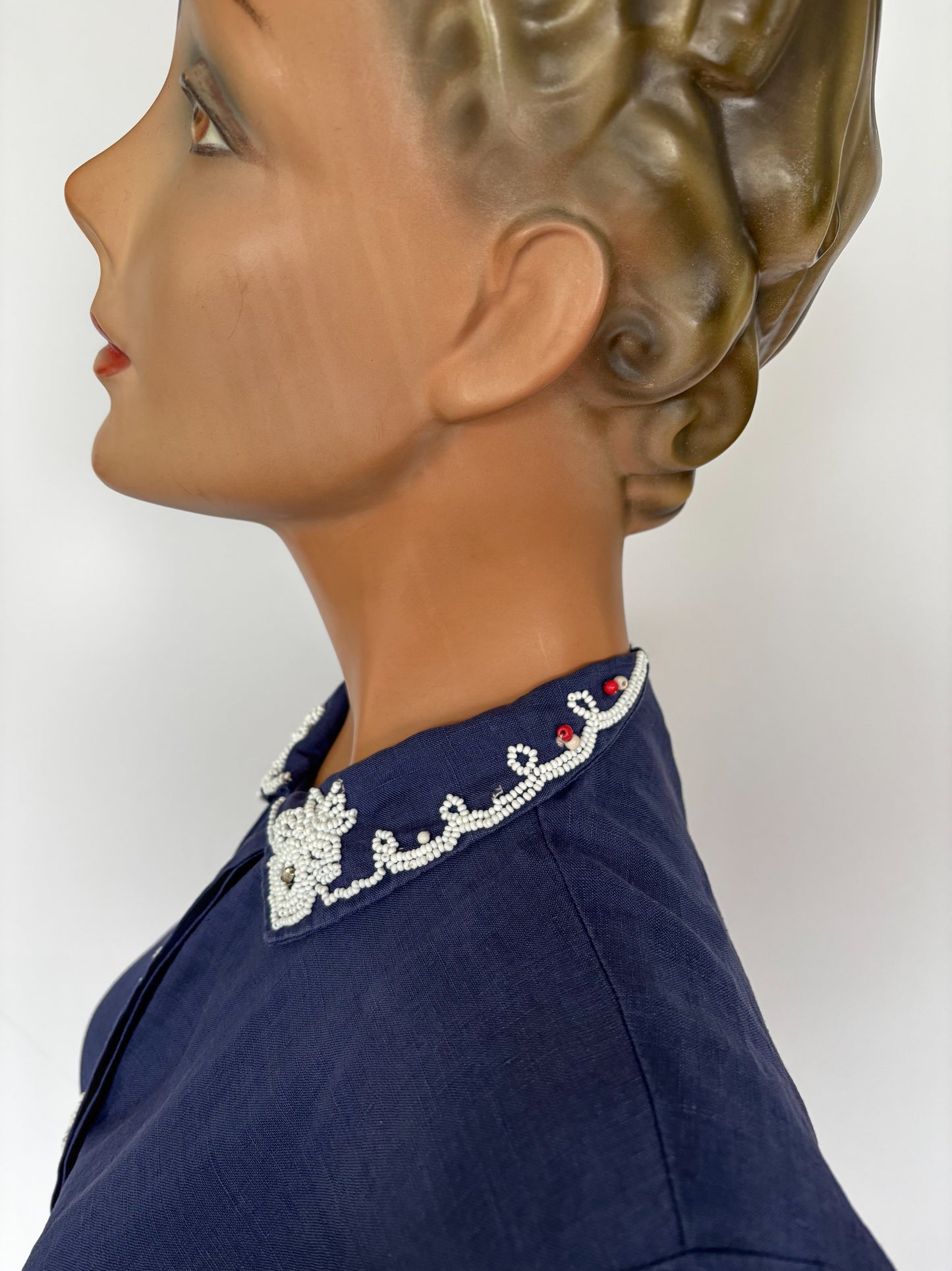 1940s/50s Linen Beaded Blouse | XS/S